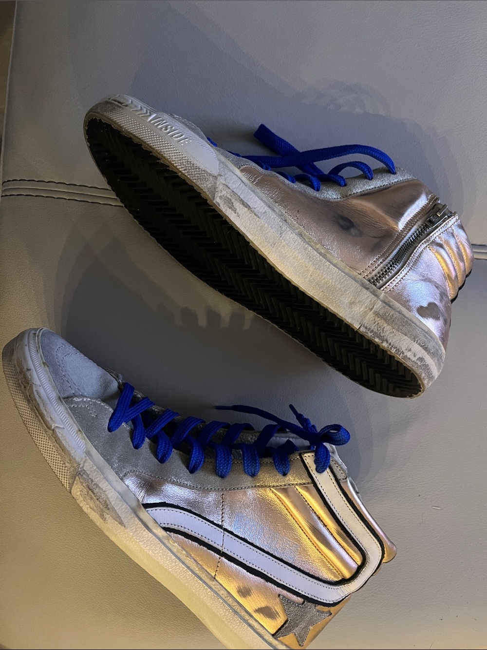 Golden Goose Gold & Silver High-Top Sneakers with Royal Blue Laces